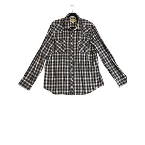Roebuck & Co Shirt Mens XL Black Gray Plaid Western Snap‎ Button Casual